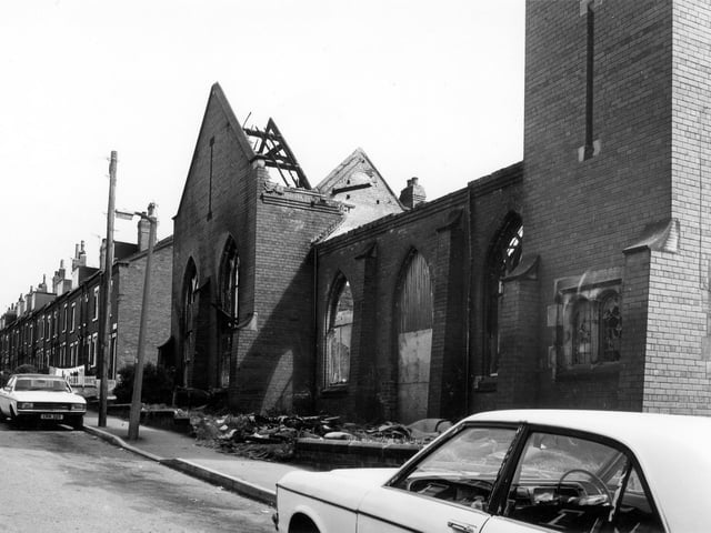 May 1984. The former Ashley Road Methodist Church which had been recently used as a furniture warehouse. The damage is thought to have been caused by a fire and the building had to be demolished.
