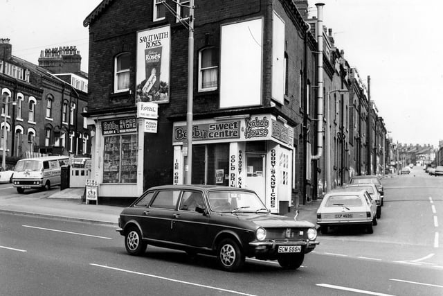 Roundhay Road in April 1980 featuring Bobby Superstore, English and Indian provisions. Next door is Bobby Sweet Centre and Kebab House