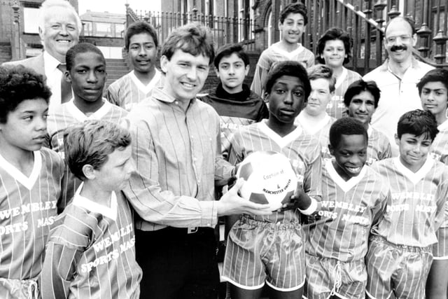 England and Manchester United captain Bryan Robson visited Harehills Middle School in May 1987. He presented the school football team with a complete strip donated by Wembley Sportsmaster Ltd.