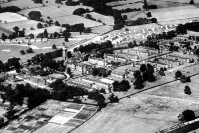 An aerial view of Seacroft Hospital in 1929. It was built in 1898 as Manston Infectious Diseases Hospital, an isolation hospital specialising in the treatment of smallpox. Its isolated location (at the time) is seen here by all the fields around it.