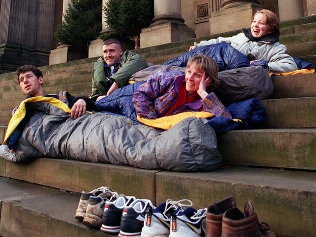 Members of charity Caring for Life slept out overnight on the steps of Leeds Town Hall along with 100 others to raise funds to help the homeless. Pictured, from top to bottom, are Sue Hoey, Brain Batley, Lis Wilcox and Daniel Vazquez.
