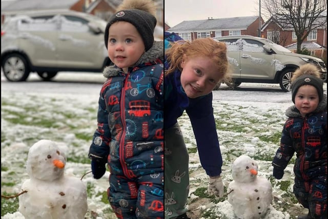 Kirsten Gartside's little ones wrapped up warm to make the most of the snow this morning.