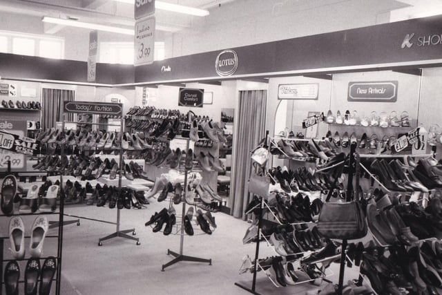 A vast range of coats, dresses and shoes on offer at Debenhams in July 1978.