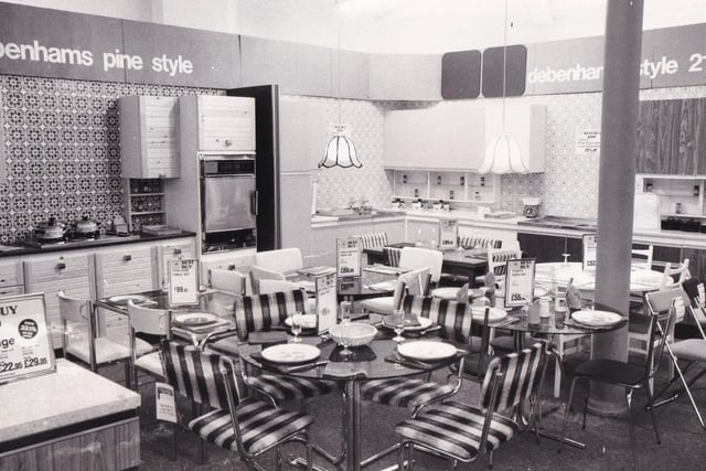 A selection of modern fitted kitchen fittings and furniture at Debenhams in July 1978.