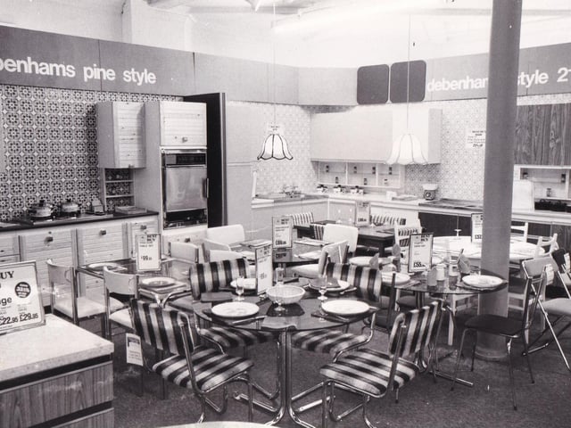 A selection of modern fitted kitchen fittings and furniture at Debenhams in July 1978.