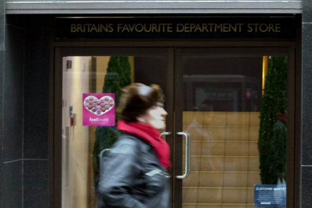 The side entrance to Debenhams in January 2002 proclaiming it as 'Britain's Favourite Department Store'.