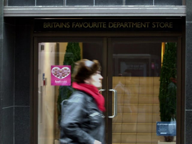 The side entrance to Debenhams in January 2002 proclaiming it as 'Britain's Favourite Department Store'.