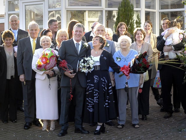 Motown music fans Paul Bailey and Diane Loftus (centre, pictured with their guests) have a groovy St Valentine's Day wedding, 35 years after they had their first date ... on St Valentines Day!