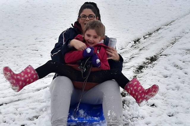 Kerry proved you're never too old to enjoy the snow, as she took daughter Freya sledging.