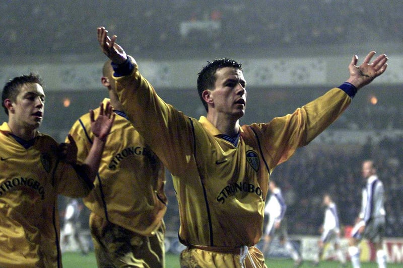 Ian Harte celebrates scoring from the penalty spot after 80 minutes to put Leeds 4-1 ahead after Jon Kohler had pulled one back for Anderlecht.
