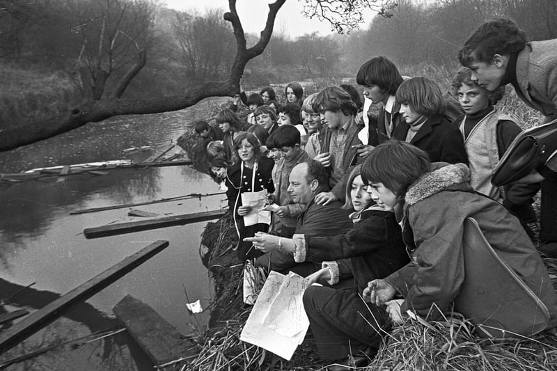 Wigan schoolchildren pictured during a field trip on the River Douglas in 1973