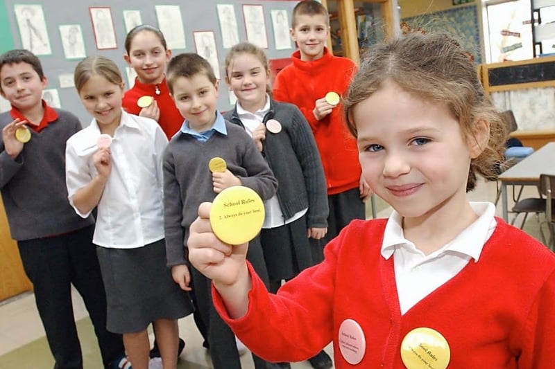 School rule badges at Kirkhamgate Primary School. Back - Ben Hunt (10) Elizabeth Medley (8) Hannah Lunn (10) Michael Pointon (8) Francesca Clarkson (6) Ryan Roper (10) Front - Lily-May McDermott (6)