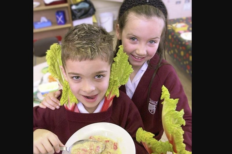 Launch of the 2005 rhubarb festival at Carlton Primary School.Picture shows Year 2 pupil Oliver Ward and Year 4 pupil Summer Bilton about to took into a rhubarb crumble.