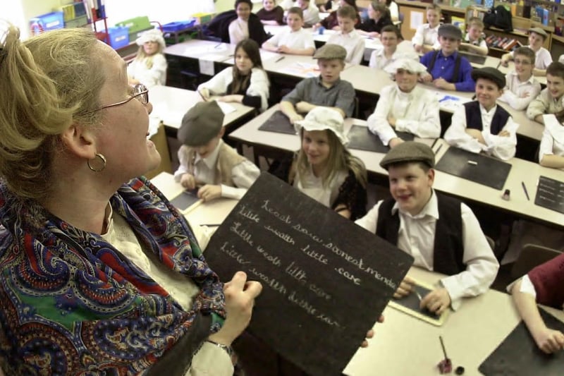 Victorian day at Wrenthorpe Primary School. Picture shows class teacher Mrs.Kay Sanders mid lesson.