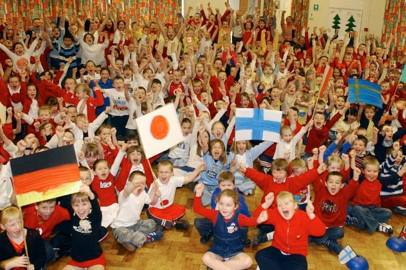 Pupils dressed as flags for tsunami appeal - Wrenthorpe Primary School.