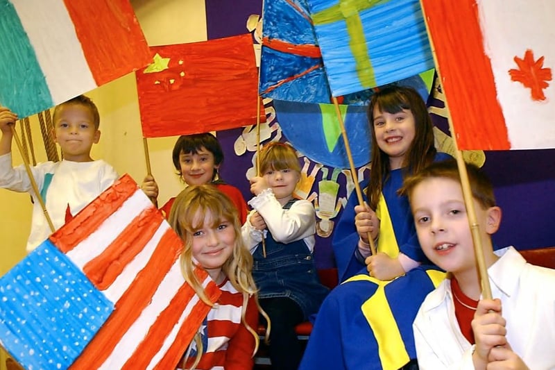 Pupils dressed as flags for tsunami appeal - Wrenthorpe Primary School.  l-r Sam Fowler (5) David Dobson (9) Emily Burroughs (9) Chloe Green (4) Eleanor Dobson (7) Oliver O'Brien (9)