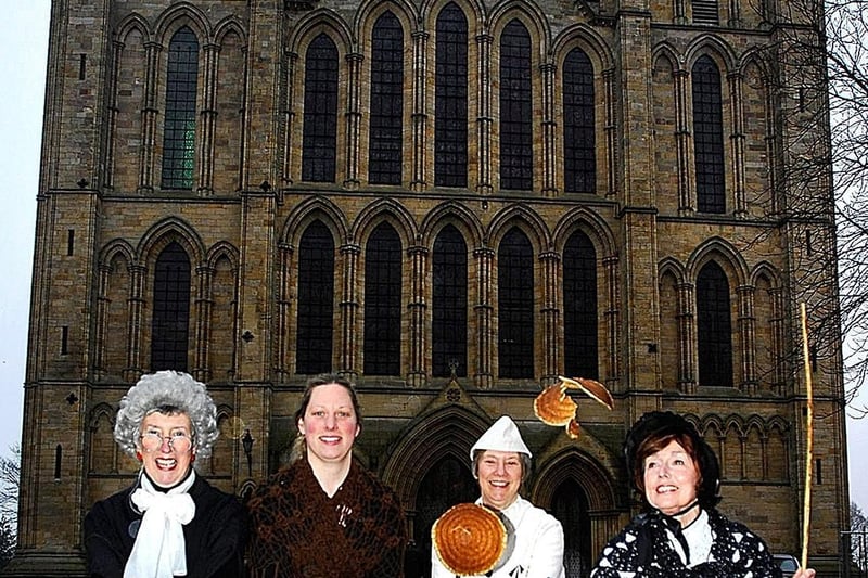 Warming up for Ripon’s Annual Pancake Race are ladies from the Police and Prison Museum in 2009.