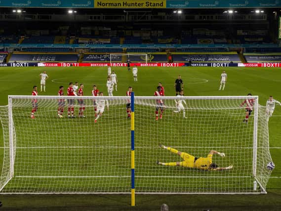 Leeds United winger Raphinha scores a stunning free-kick. Pic: Bruce Rollinson