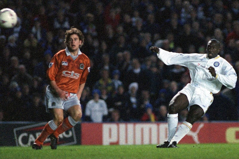 Striker Jimmy Floyd Hasselbaink fires home to put Leeds 2-0 ahead after 53 minutes.