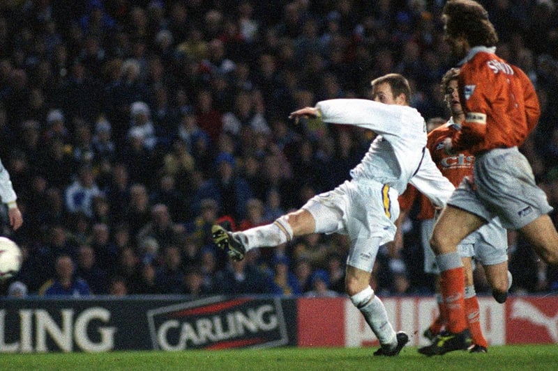 Lee Bowyer shoots to put Leeds ahead three minutes after half-time.