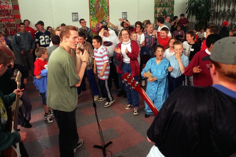 The band 'Phobia' playing to pupils at Victoria Park in July 1997.