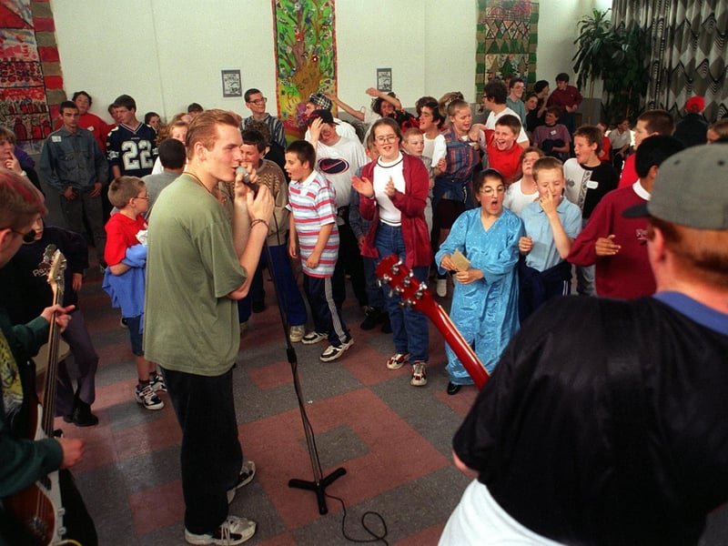 The band 'Phobia' playing to pupils at Victoria Park in July 1997.