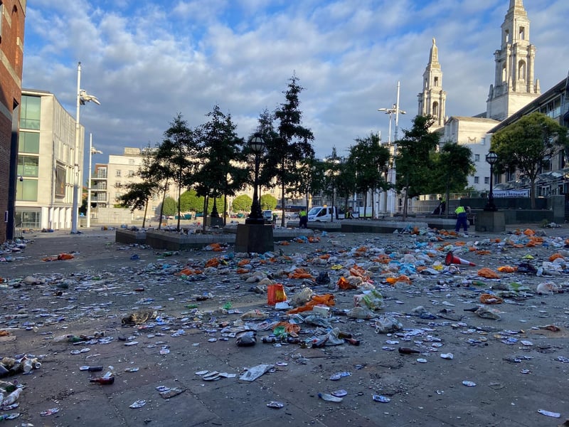 And this was the scene the next morning as Leeds Council set about clearing up the mess in Millennium Square in record time