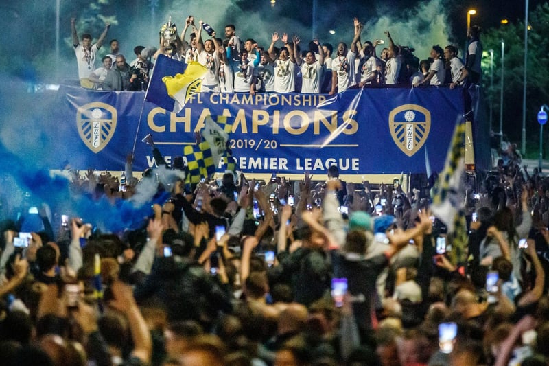 After the national lockdowns ended  in July, Leeds Council took the decision to permit a double decker bus outside Elland Road after fans had waited 16 years to see Leeds United return to the Premier League, captured in striking images like this