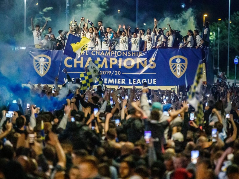 After the national lockdowns ended  in July, Leeds Council took the decision to permit a double decker bus outside Elland Road after fans had waited 16 years to see Leeds United return to the Premier League, captured in striking images like this