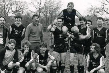 Ken Sugden retires in 1985 after 25 years in local football and 900 games in the Wakefield and District Soccerr League. His team mates from Calder Vale hoist him aloft.