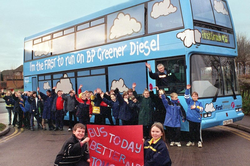 Bus driver Trevor Gibson with children from Beeston Primary who helped launch the first nationwide Schools Environmental Charter in January 2000.