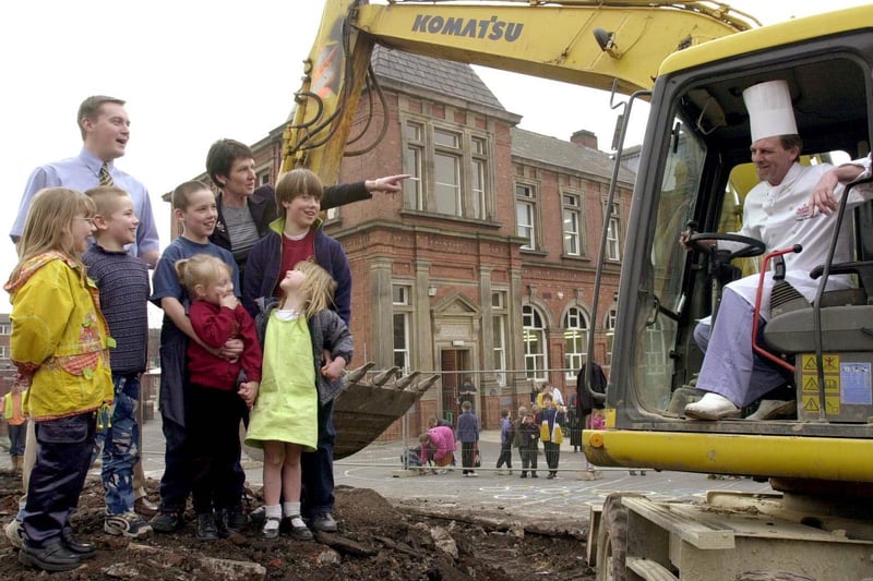 April 2000 and work began on a new Millennium garden at Hillside Primary. Pictured in digger is Peter McMahon, chef at the Marriott Hotel  with pupils Kirsty Gough, Kane Gough, Nathan Roberts, Jodie Patterson, Stephen Patterson and Nicola Gough.