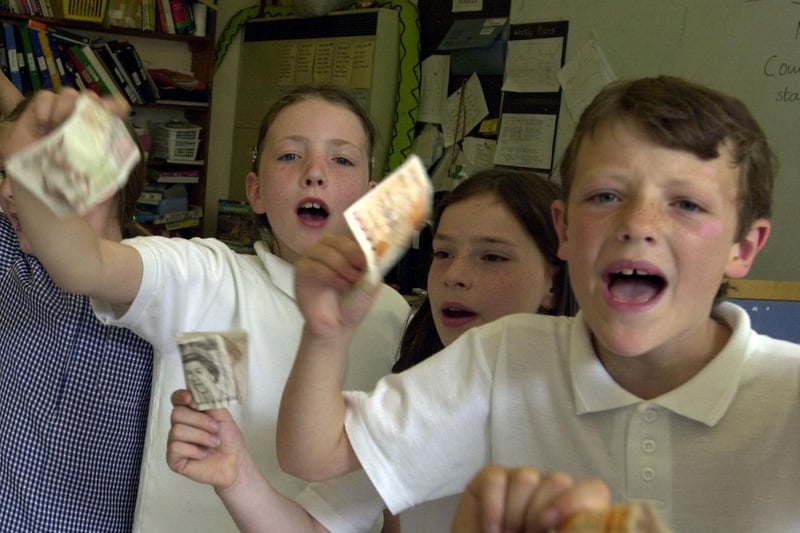 July 2000 and pupils from Hugh Gaitskell Primary rehearse their poem 'Going Lotto' ahead of a performance at West Yorkshire Playhouse.