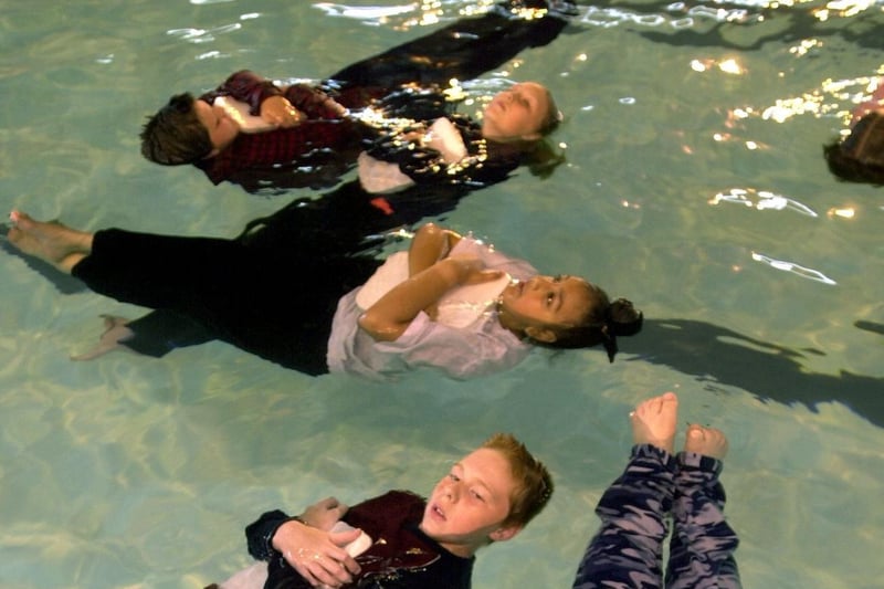 Children from St Francis of Assisi Primary undergo a personal survival exercise in the pool at South Leeds Leisure Centre. It was part a Yorkshire Water scheme to help children improve their swimming skills.