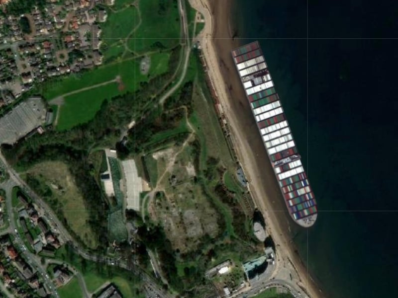 The Ever Given stretches almost the length of the chalets along North Bay.