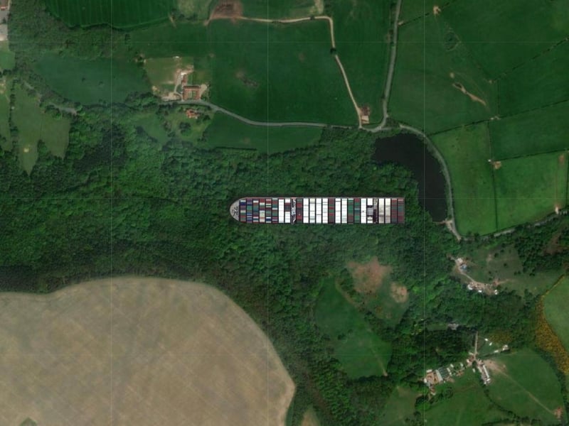 Seen here, the large ship dwarfs Throxenby Mere and takes up a big chunk of Raincliffe Woods.