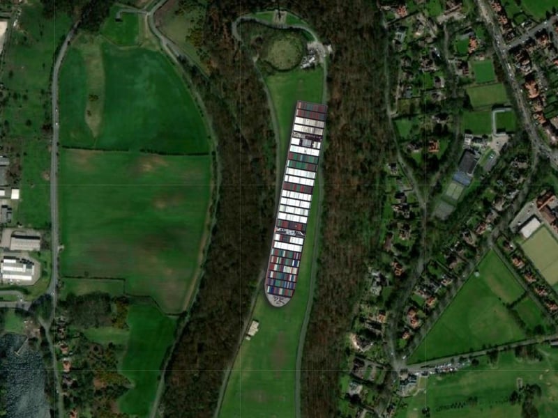 Here we find the Ever Given filling the field at the top of Oliver's Mount.