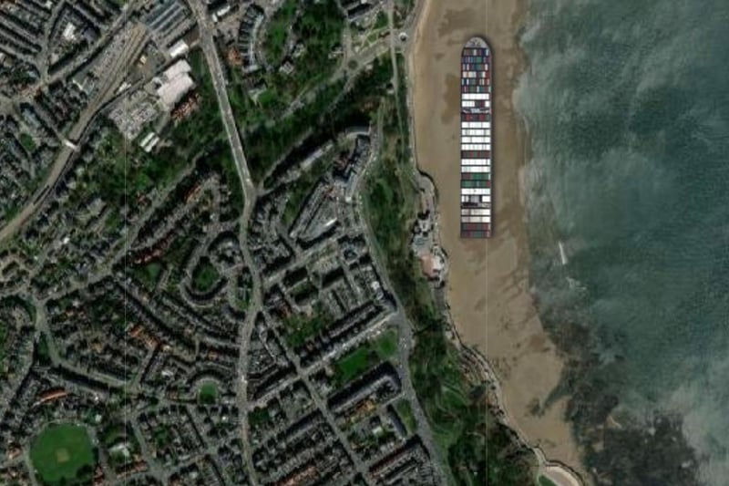 The Ever Given pitched up alongside Scarborough Spa taking up a lot of room on South Bay.