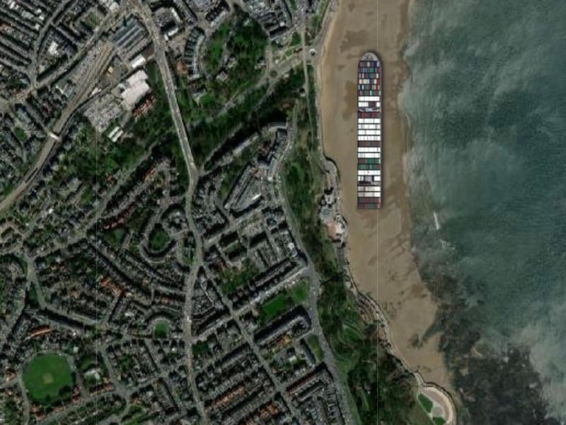 The Ever Given pitched up alongside Scarborough Spa taking up a lot of room on South Bay.