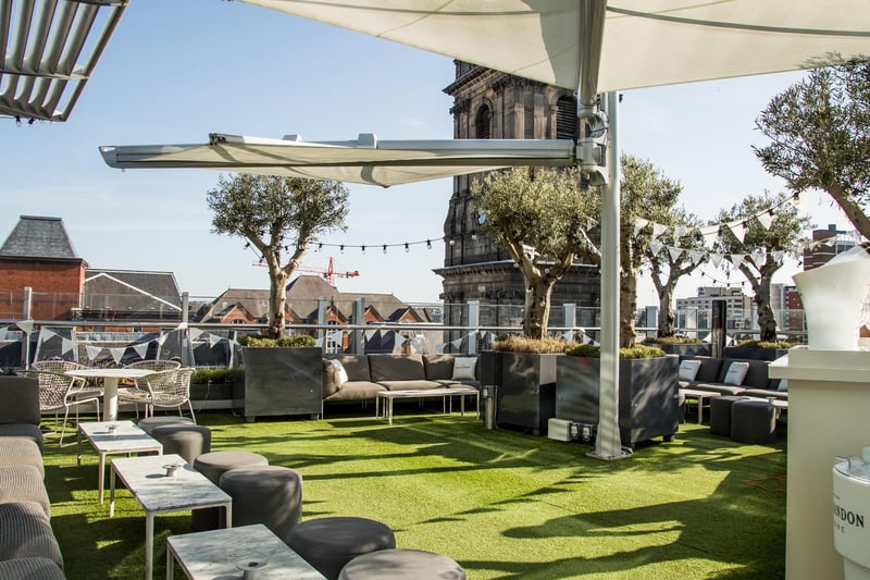After a busy day shopping in Trinity Leeds, enjoy lunch, dinner or drinks in the sky at Angelica's wraparound rooftop bar. The terrace offers panoramic views across the city and is the perfect place to watch the sunset.