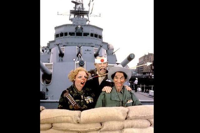 Spitting Image puppets of Prime Minister Margaret Thatcher and US President Ronald Reagan, with Japanese Prime Minister Yasuhiro Nakasone during filming aboard HMS Belfast.