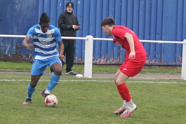 Glasshoughton Welfare's Dylan Drovi takes on a Worsbrough Bridge Athletic defender. Picture: Keith A Handley