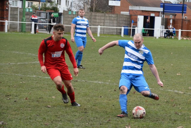 Matthew Cunliffe looks to get the ball forward for Glasshoughton Welfare.  Picture: Rob Hare