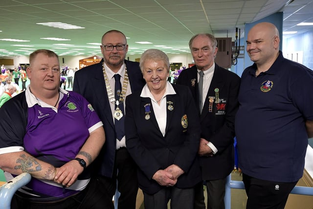 At the British Isles short mat bowls competition at Scarborough Bowls Centre. From left, Scottish President Robert McNeil, Scottish President Brandon Whittaker, Irish President Flo McNally, John Matthews WSMBA and Barry Hedges England Chair
Photo by Richard Ponter