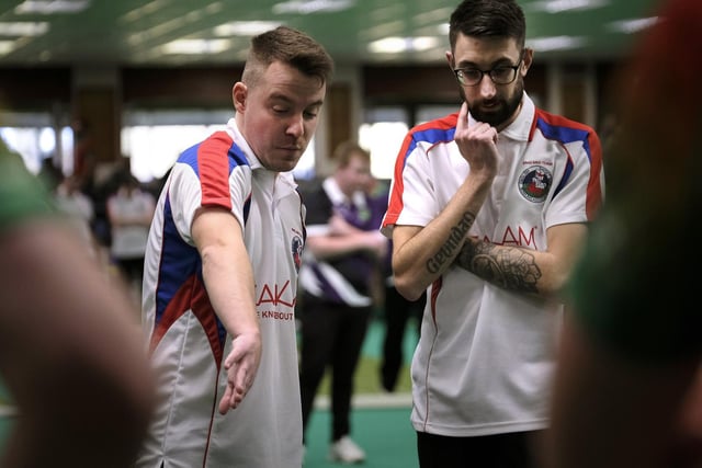 Discussing tactics at the British Isles Short Mat bowls Championship
