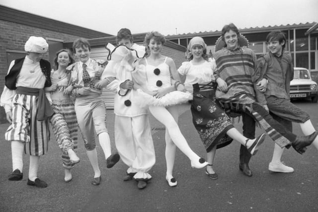Some of the cast of The Boyfriend get a breath of fresh air during rehearsals of the musical, which is being performed by pupils of St Mary's High School, Leyland. In the centre are the two main characters, Polly Browne, played by Catherine Knight, and, on her right, Tony, played by Eddie McCormack