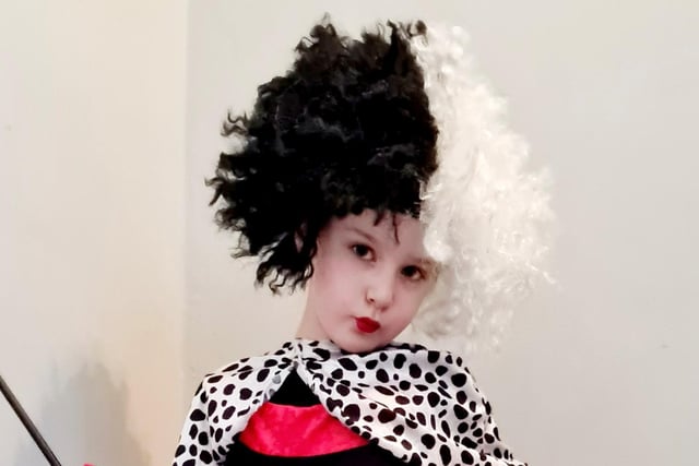 Alexis Stephenson (aged six) dressed up as Cruella De Vil