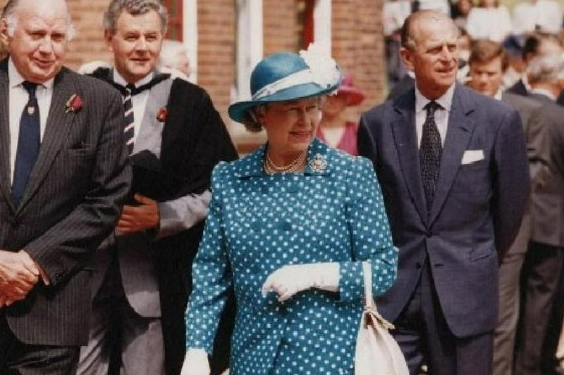 Prince Philip and Queen Elizabeth II at a royal visit to Rossall School in 1994
