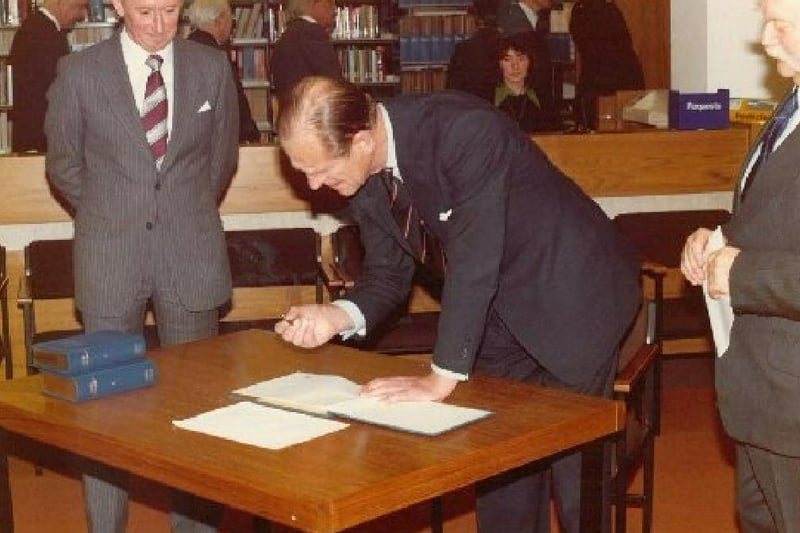 Duke of Edinburgh, Prince Philip, at the opening of the new library at Preston Polytechnic, now the University of Central Lancashire, in 1979