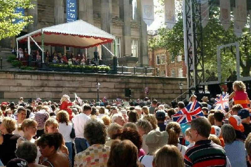 The Queen and Prince Phillip on the steps of the Harris Museum and Art Gallery in Preston